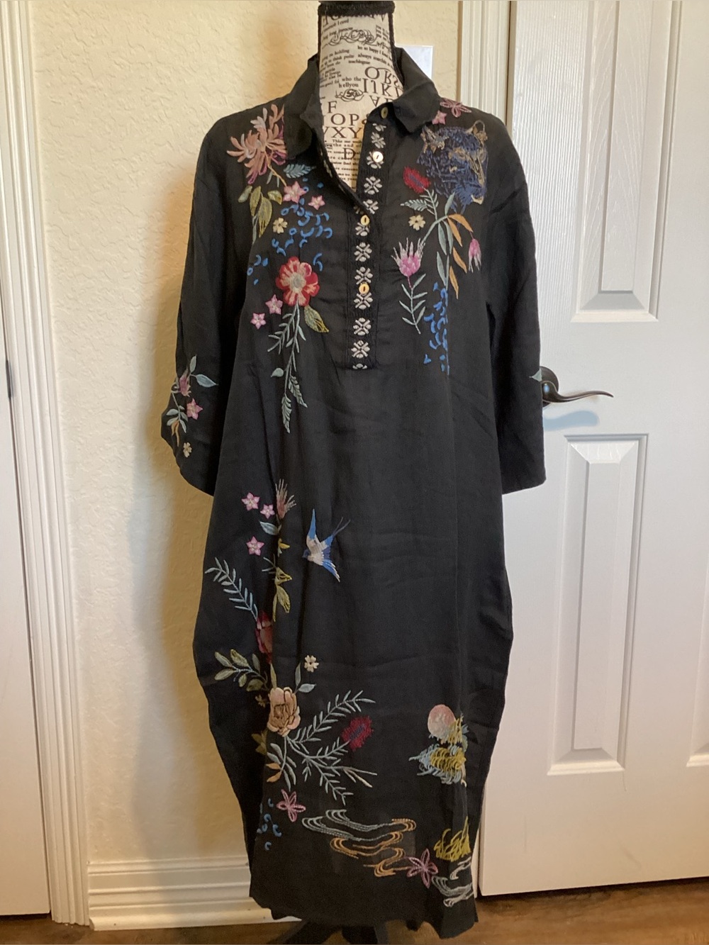 Embroidered Johnny Was Black Floral Midi Dress